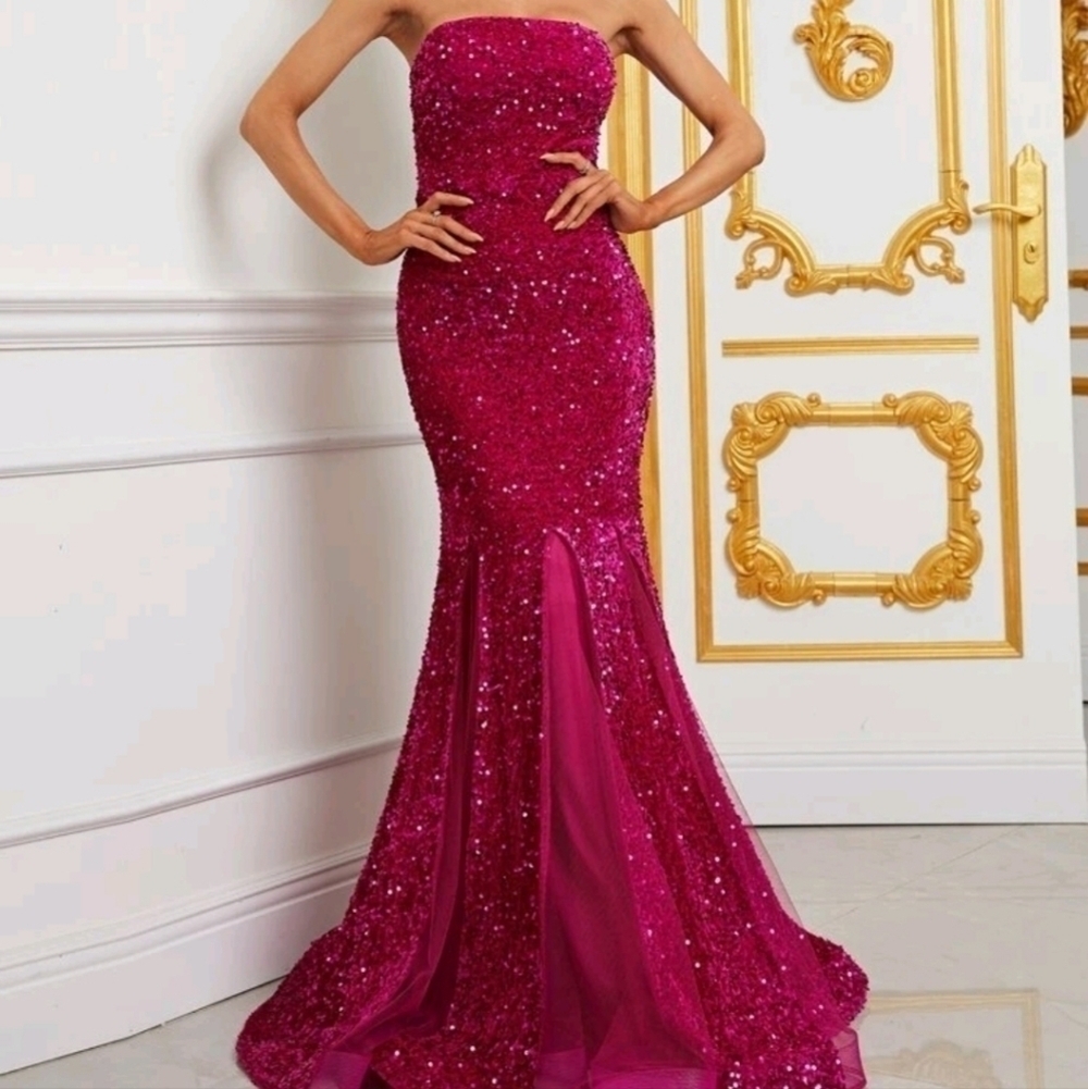 Hot Pink Backless,  Strapless,  Sleeveless,  Sequined Mermaid Maxi Gown